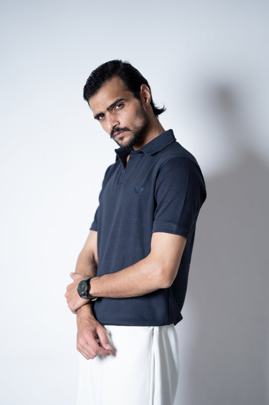 Basic Johnny Collar Polo – (Navy Blue)