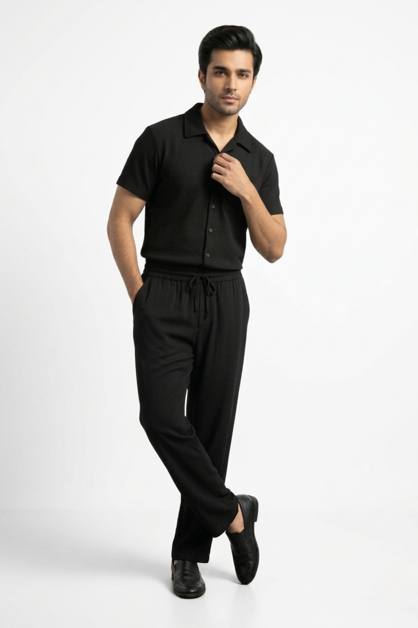Waffle Knit Cuban Shirt - Black