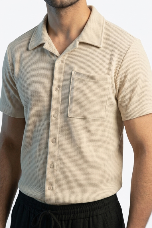 Waffle Knit Cuban Shirt - Beige