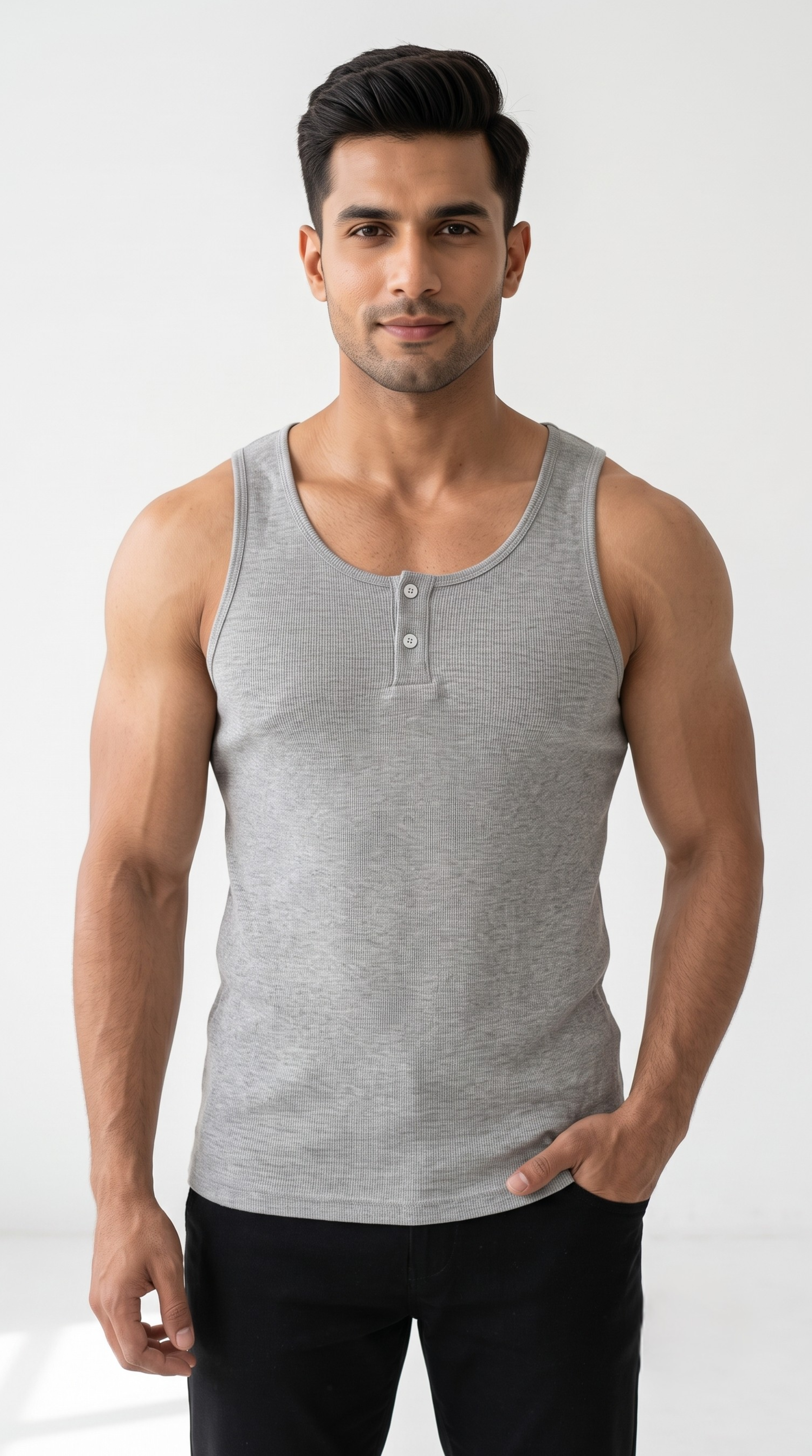 Men's Henley Tank Top - Sleeveless Shirt with Button Placket (Grey)