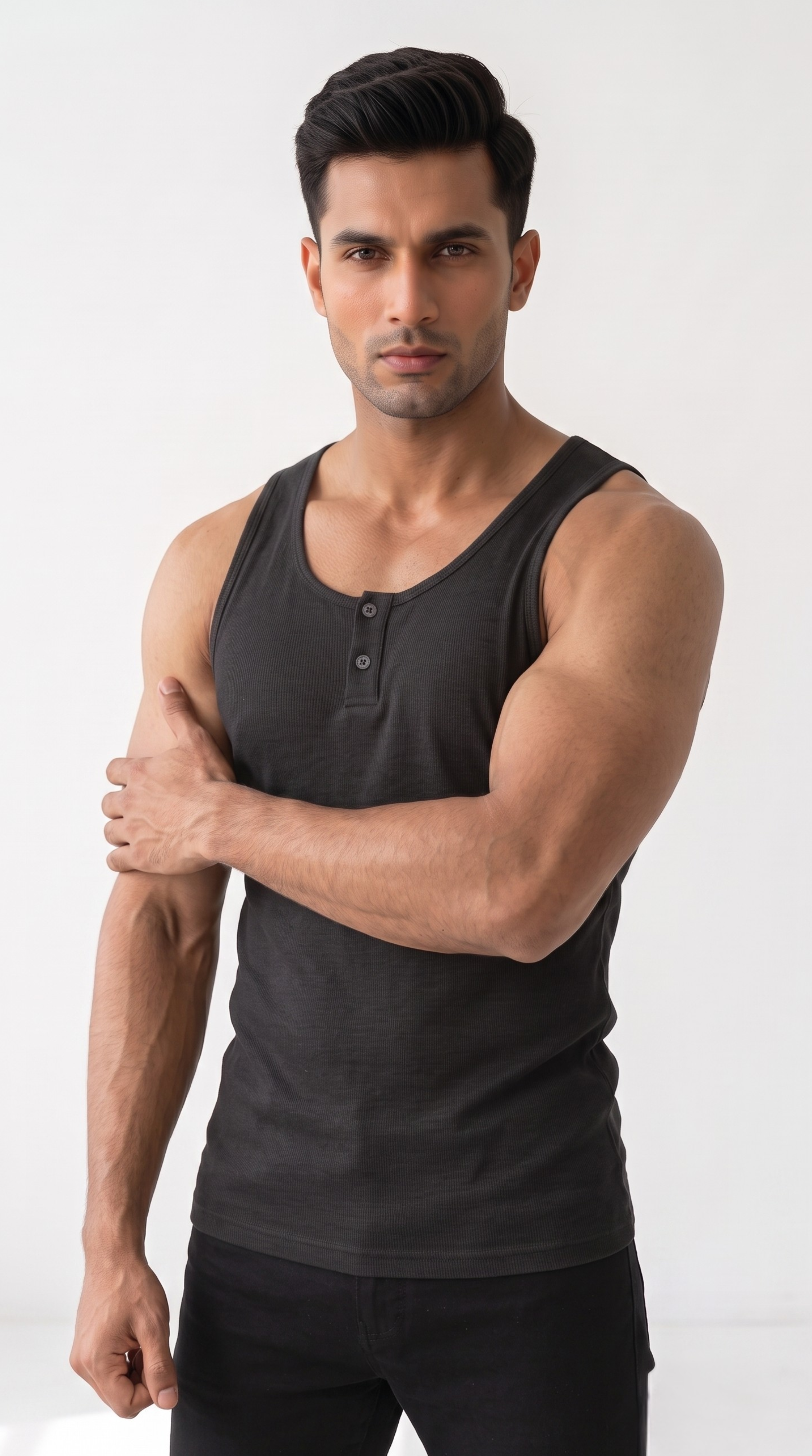 Men's Henley Tank Top - Sleeveless Shirt with Button Placket (Black)