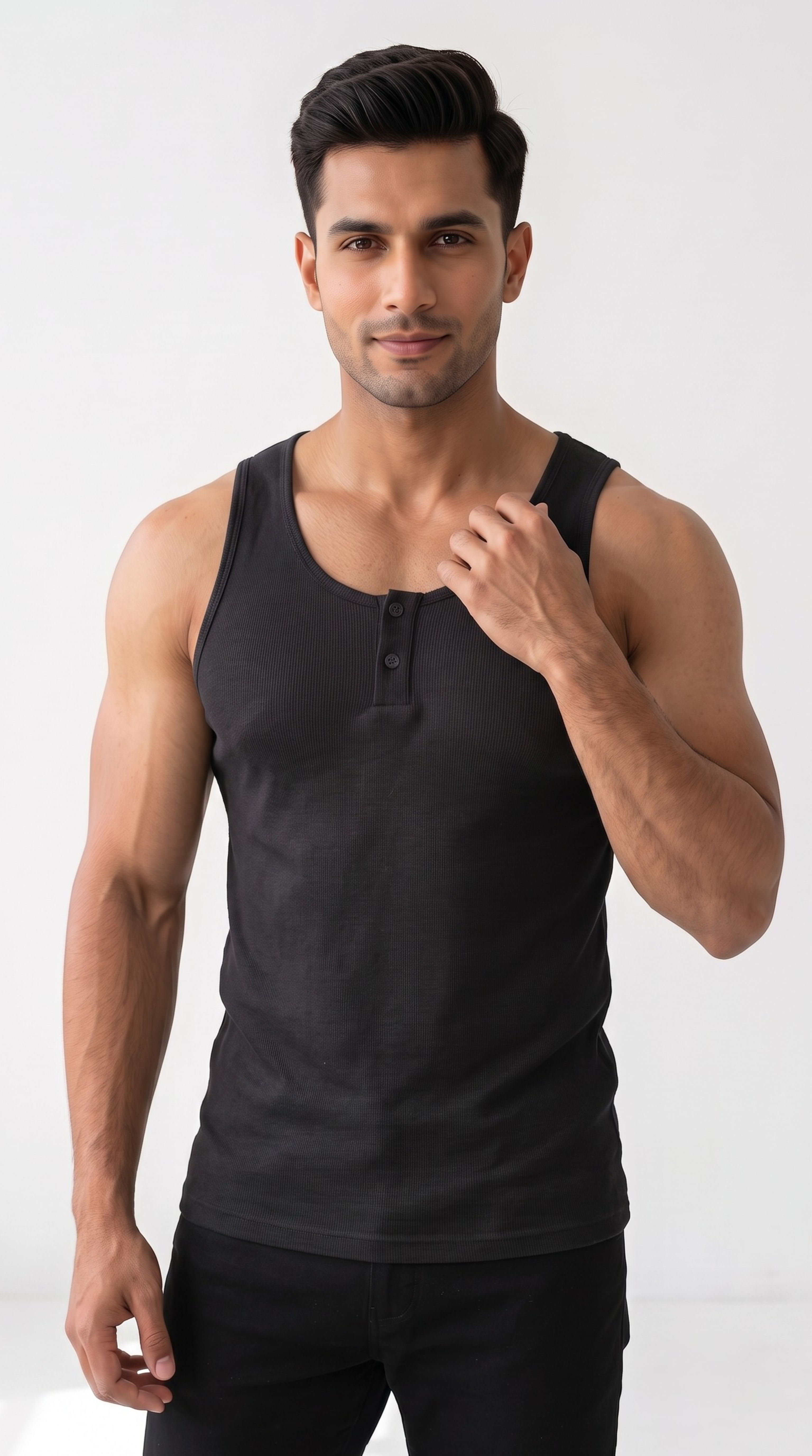 Men's Henley Tank Top - Sleeveless Shirt with Button Placket (Black)