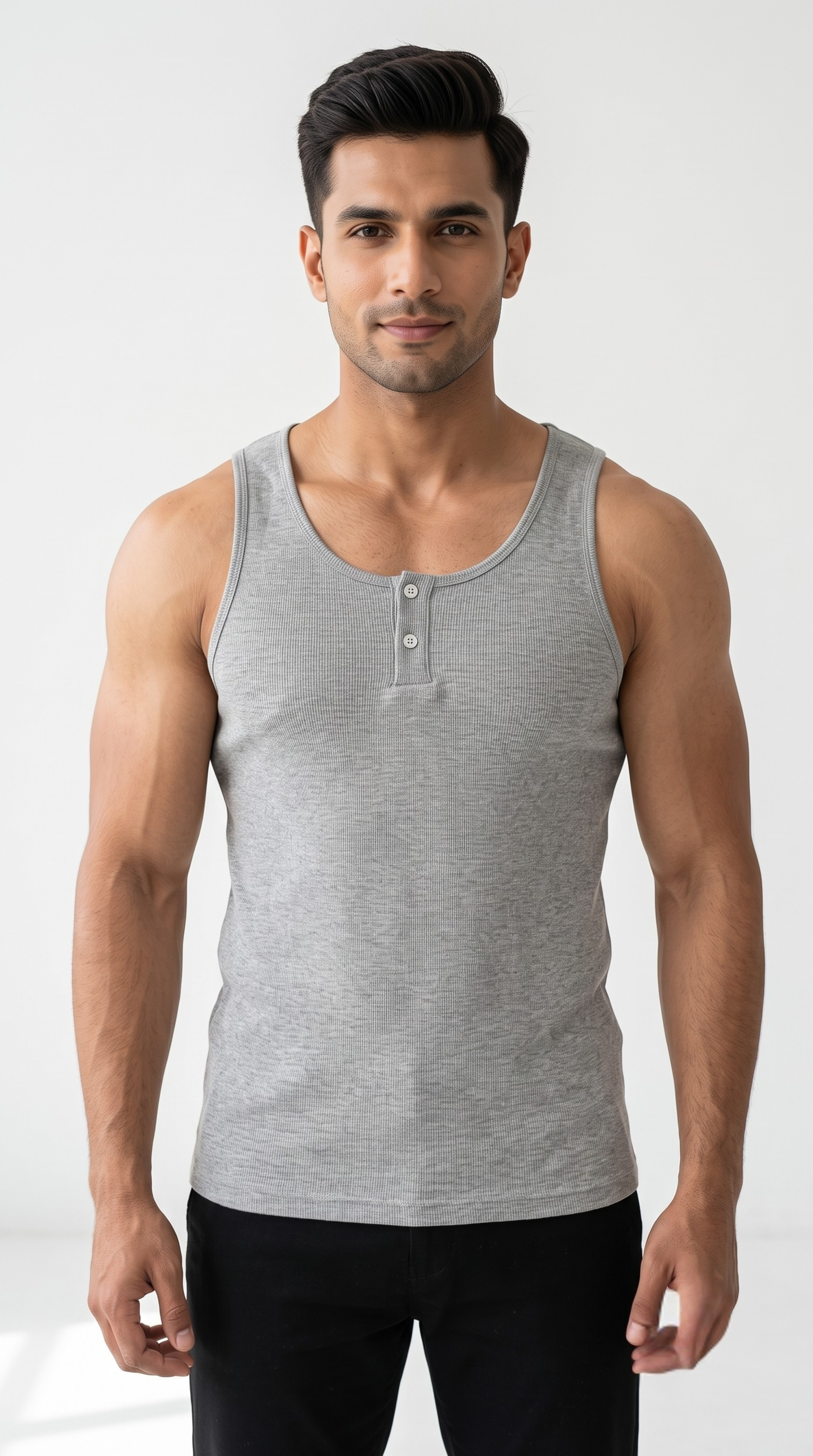 Men's Henley Tank Top - Sleeveless Shirt with Button Placket (Grey)