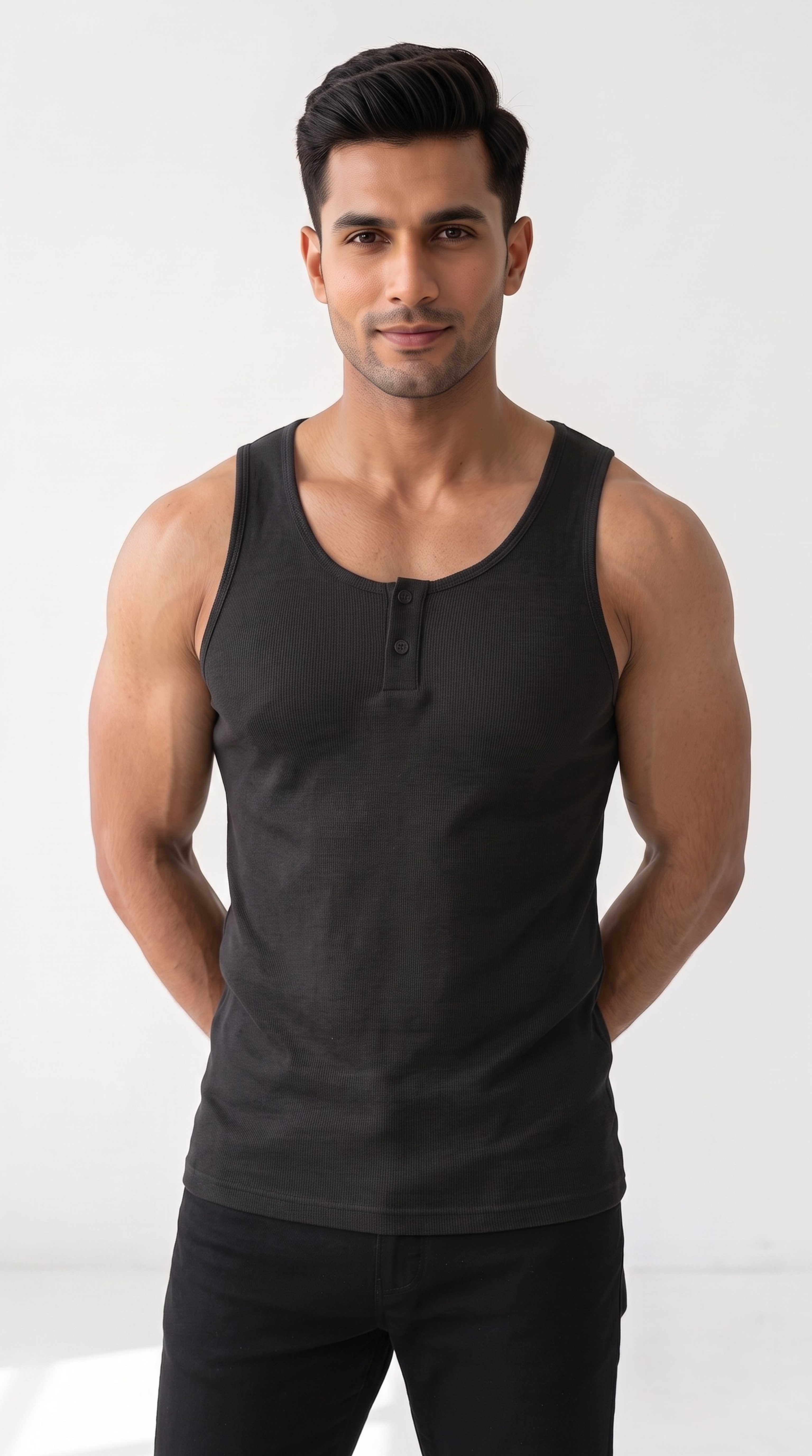 Men's Henley Tank Top - Sleeveless Shirt with Button Placket (Black)