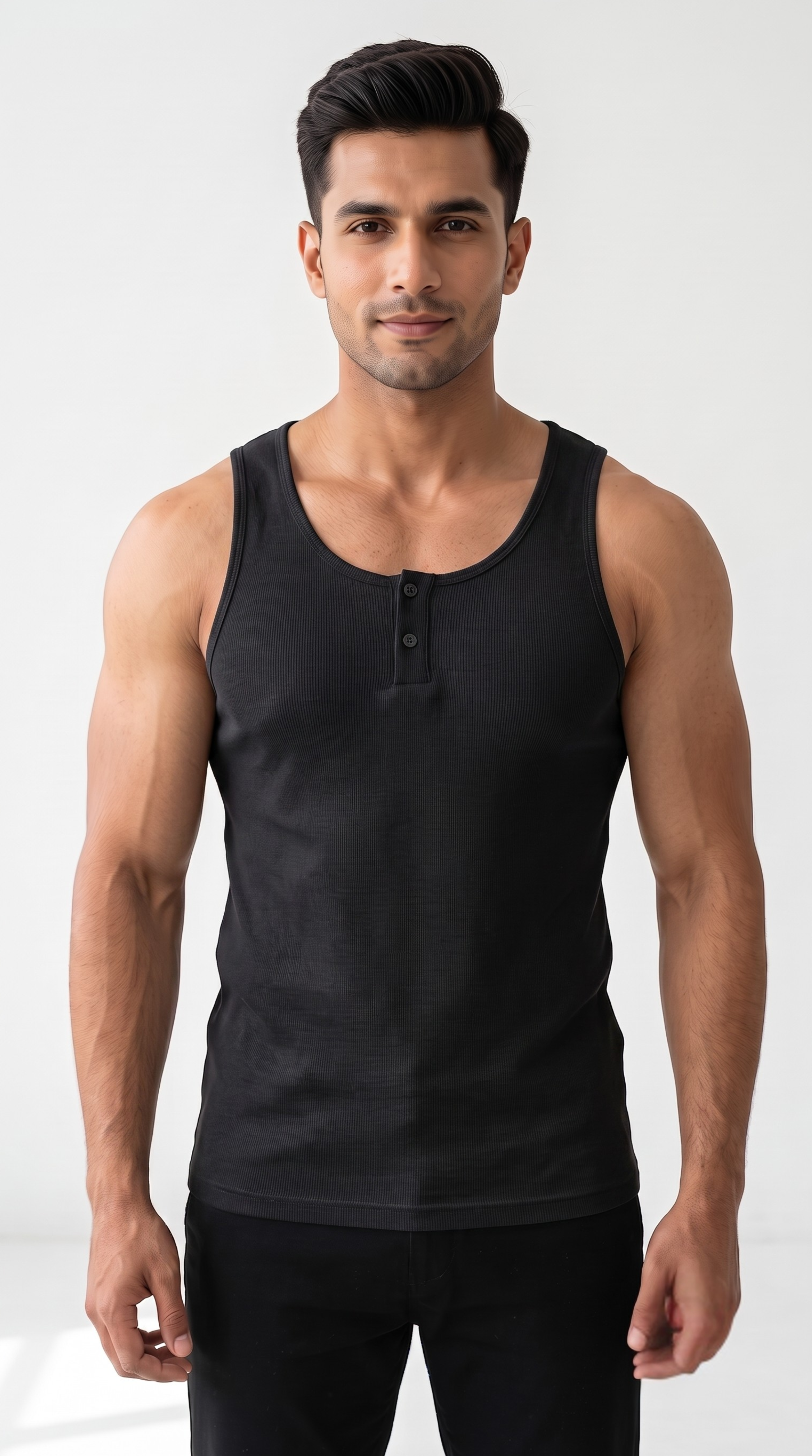 Men's Henley Tank Top - Sleeveless Shirt with Button Placket (Black)