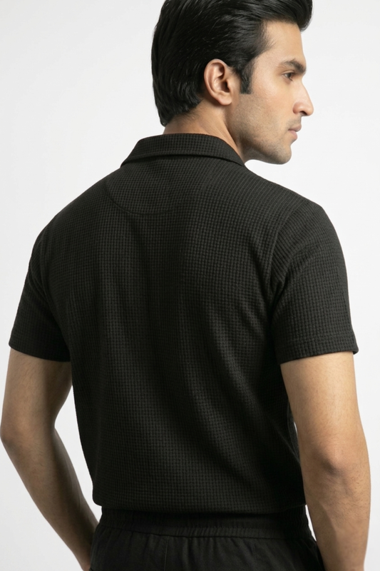 Waffle Knit Cuban Shirt - Black