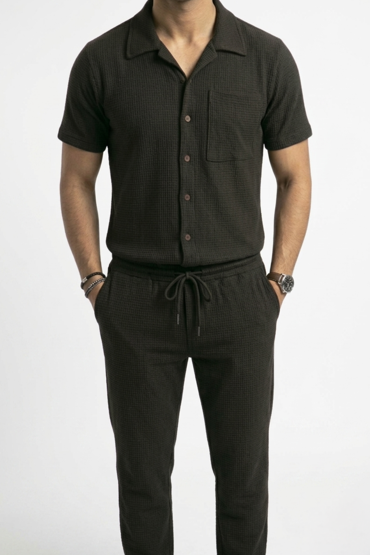 Waffle Knit Cuban Shirt - Black