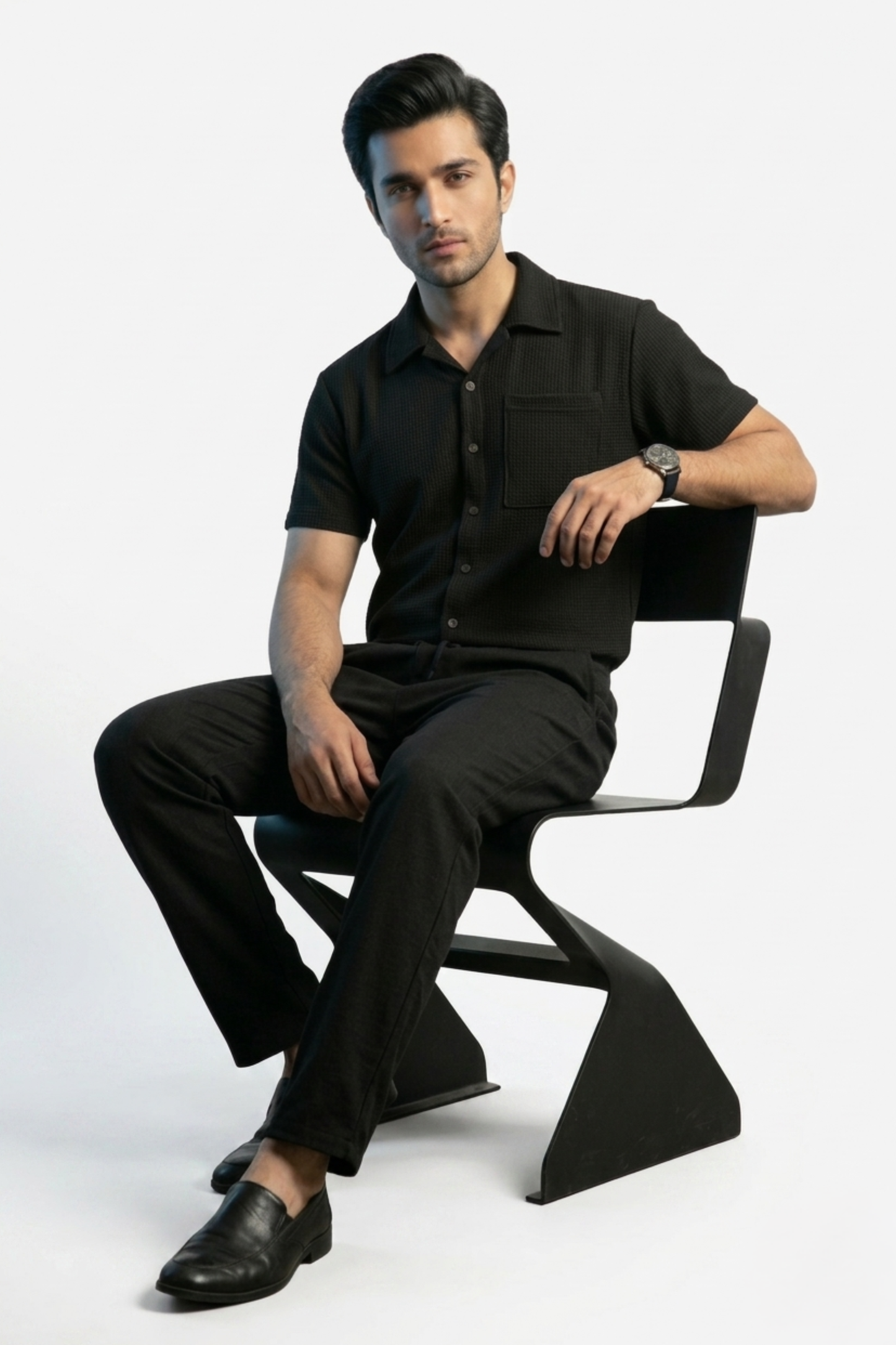Waffle Knit Cuban Shirt - Black