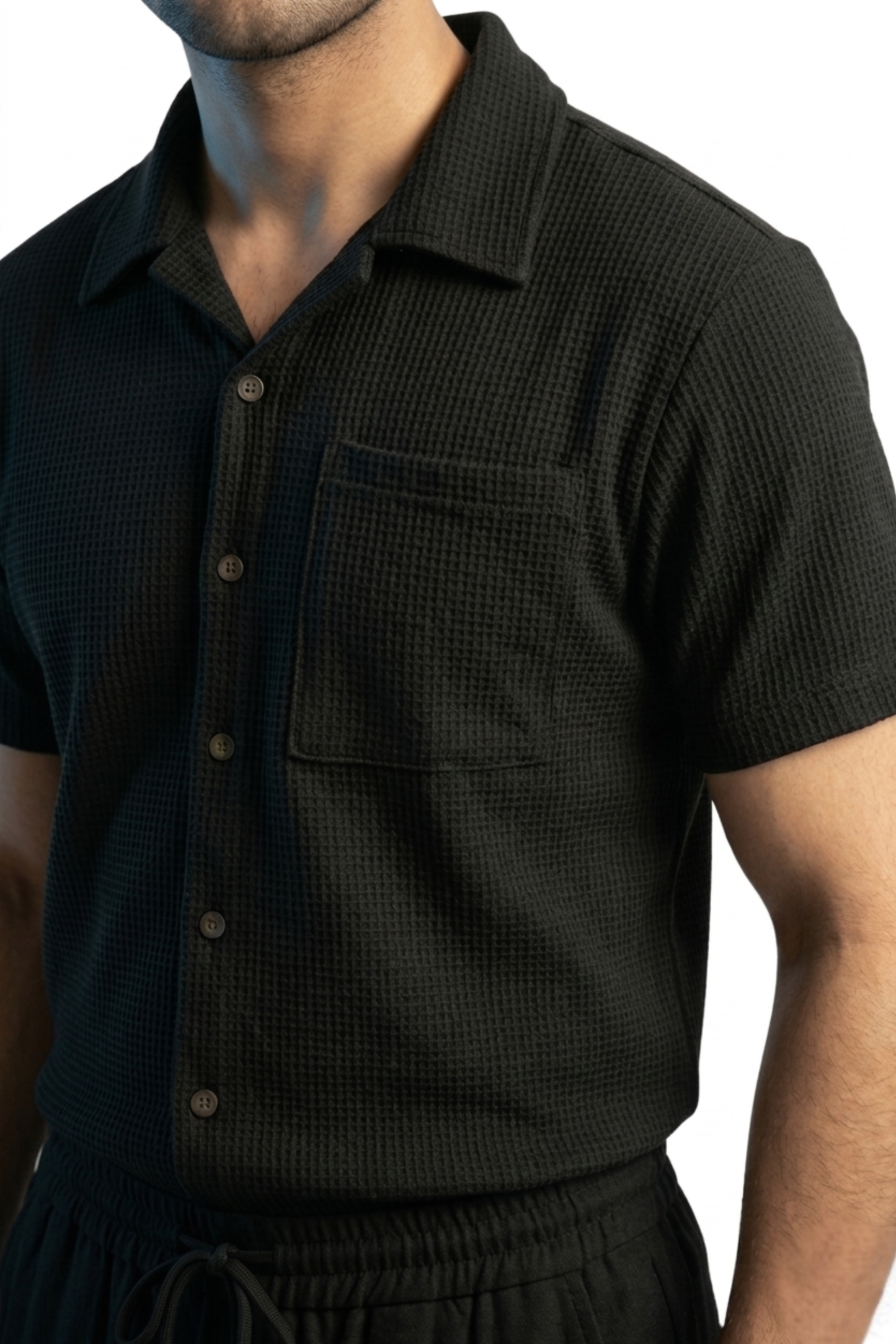Waffle Knit Cuban Shirt - Black