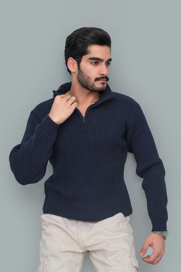 Mock-Neck Jersey From WITH Cardigan Knit (Navy Blue)