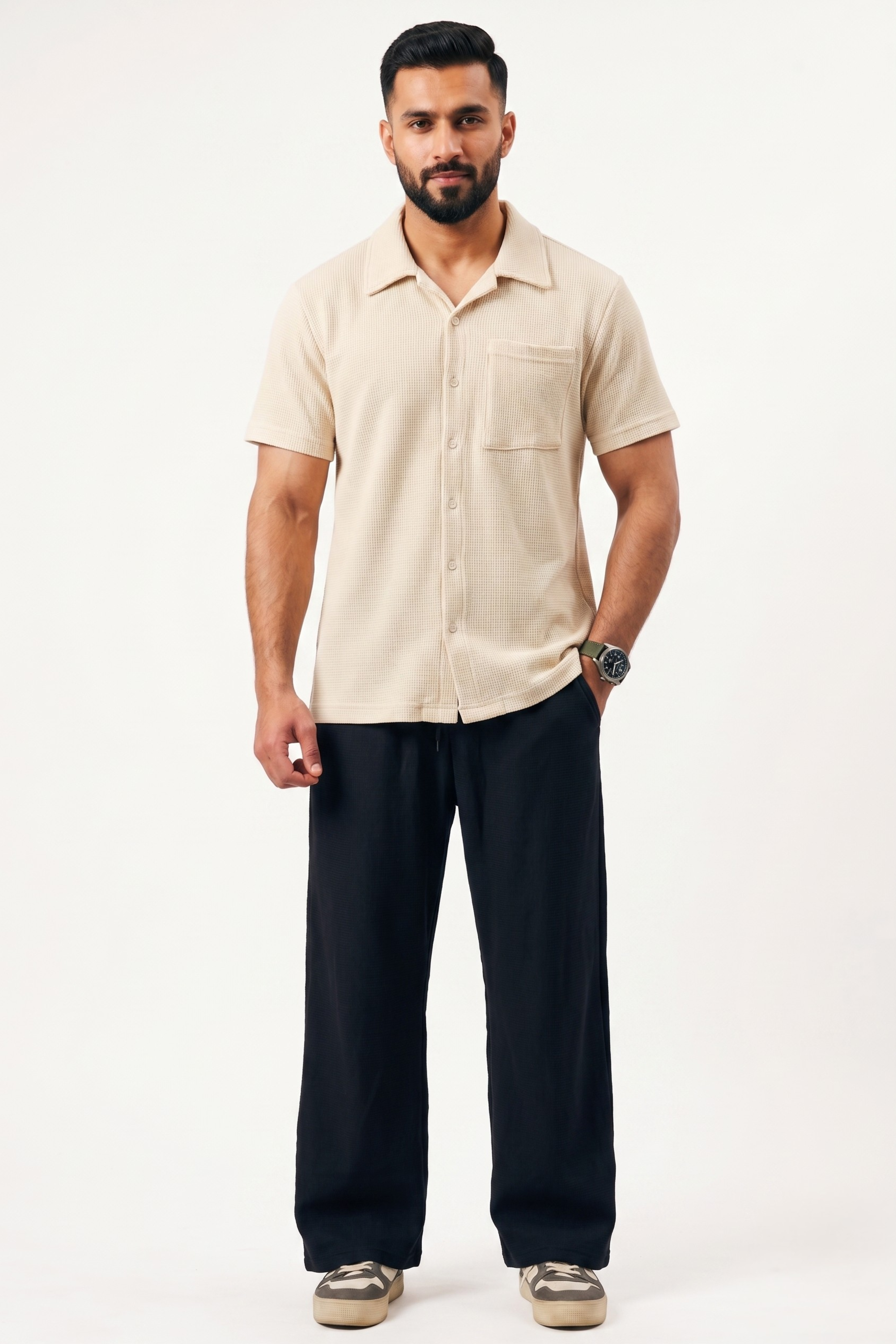 Waffle Knit Cuban Shirt - Beige