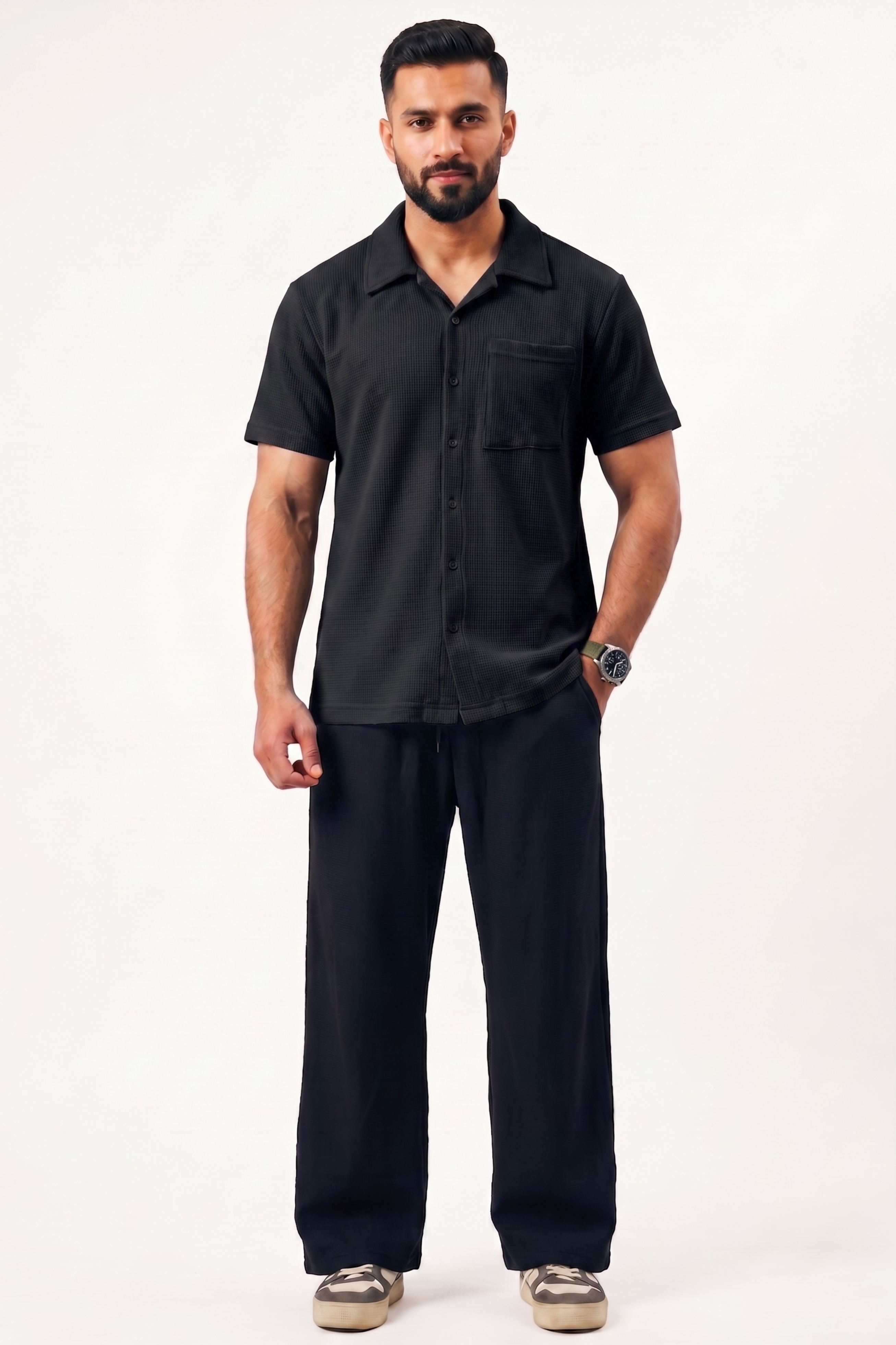 Waffle Knit Cuban Shirt - Black