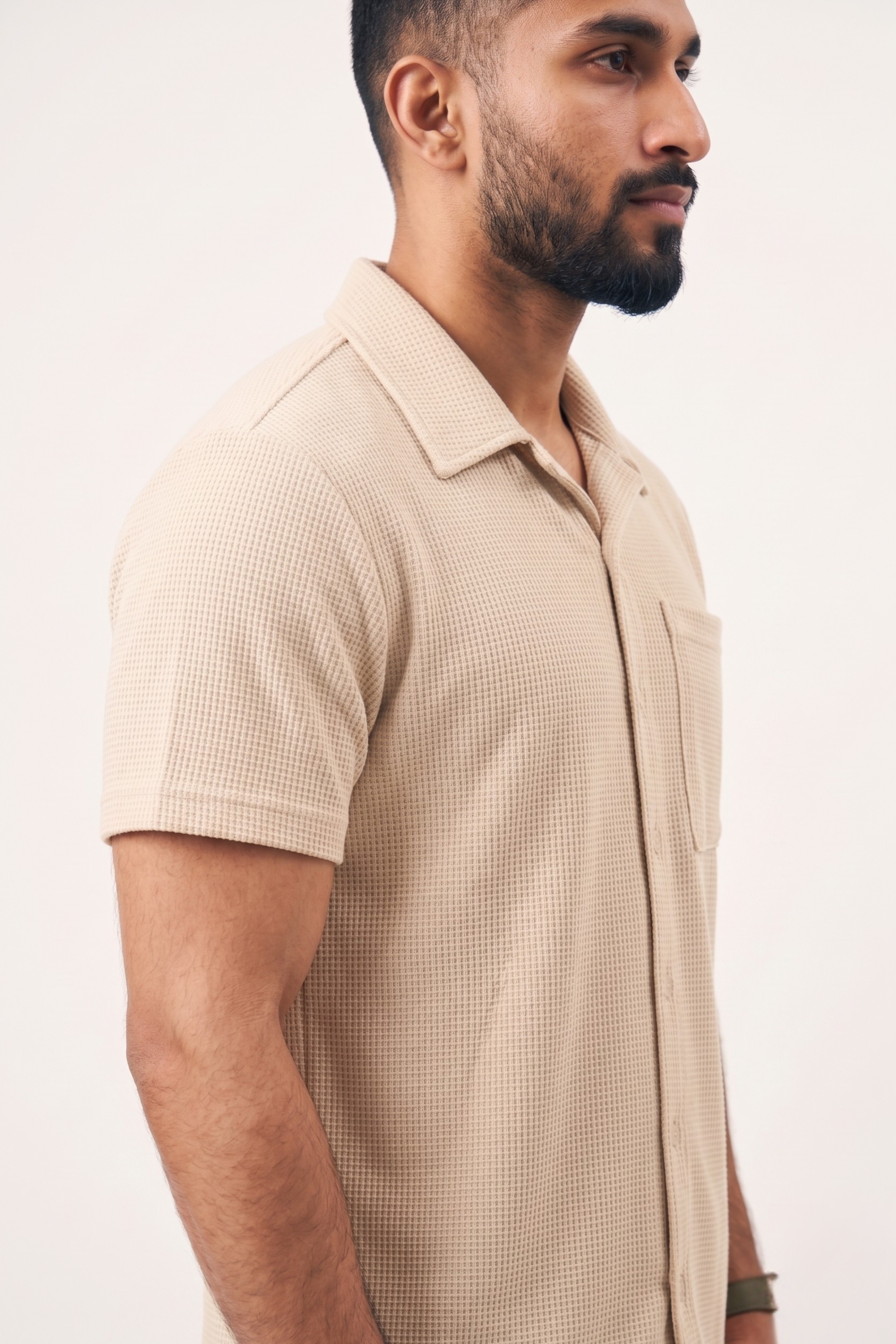 Waffle Knit Cuban Shirt - Beige