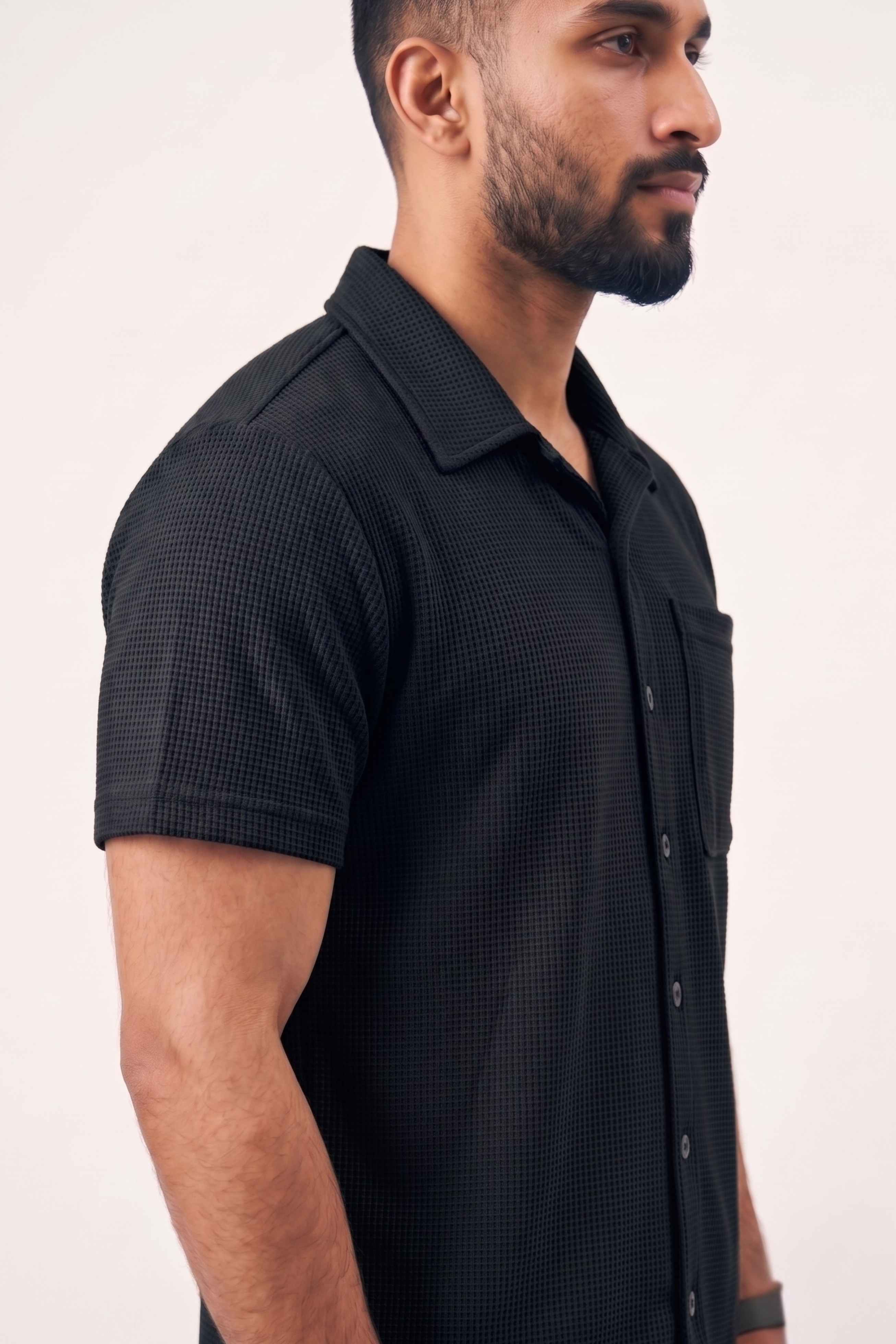 Waffle Knit Cuban Shirt - Black