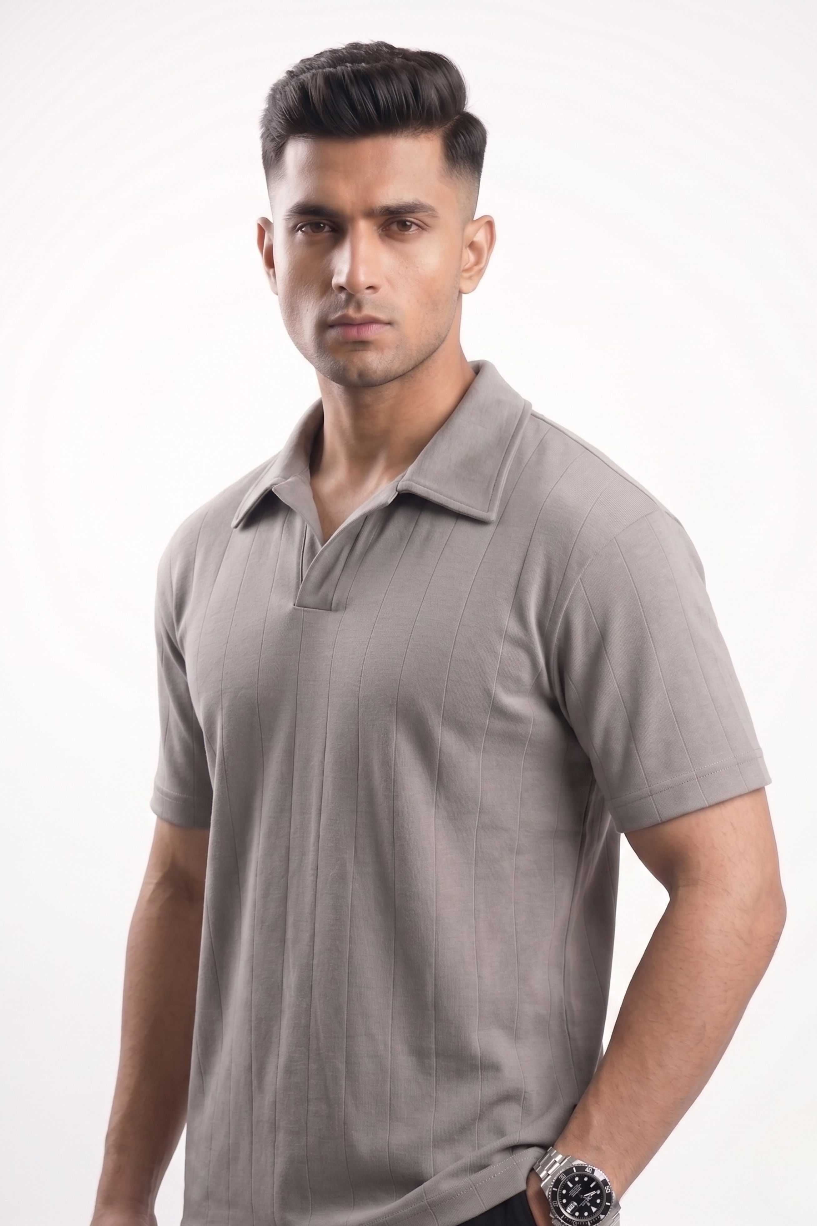 Johnny Collar Drop Needle Polo – Stone Grey