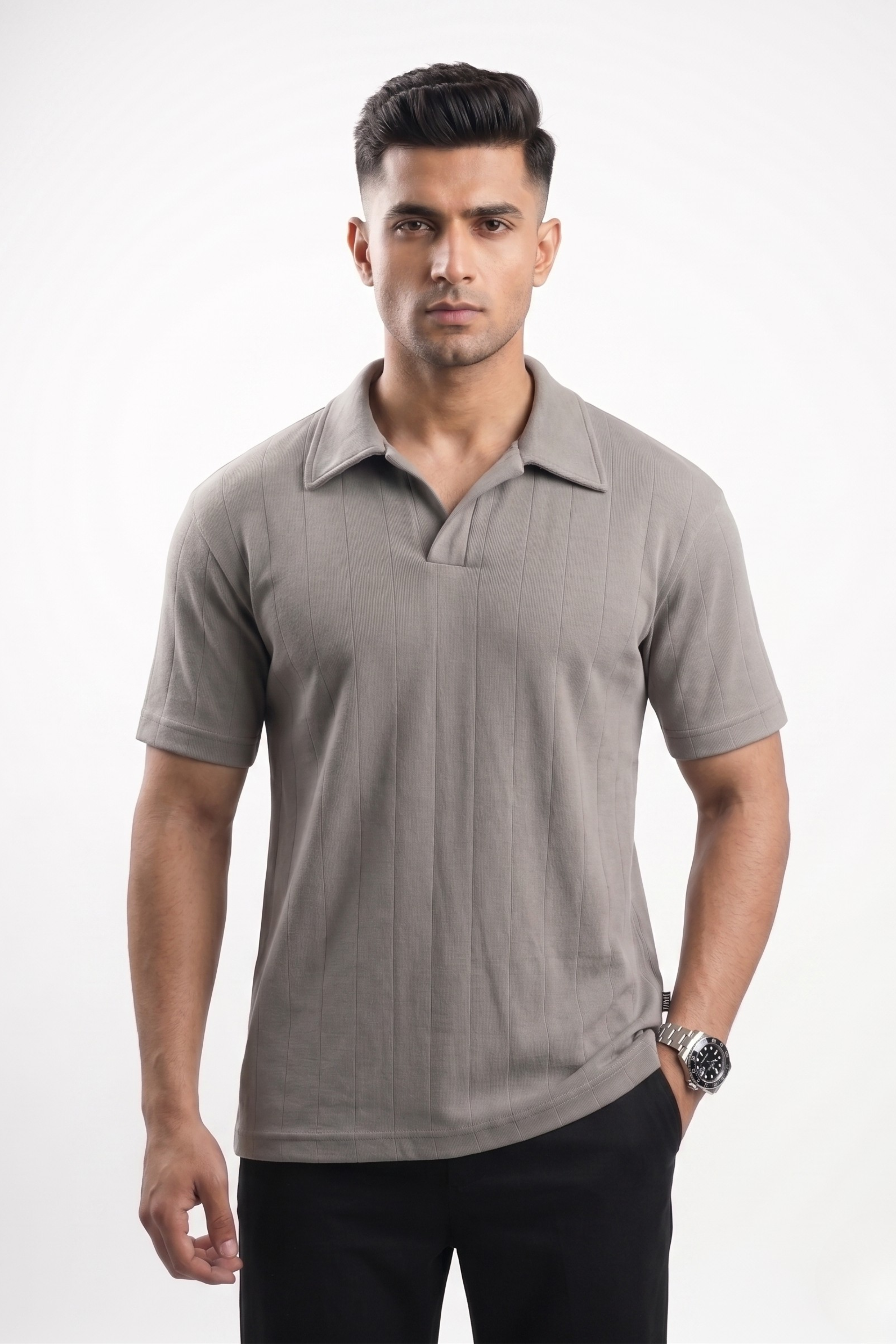 Johnny Collar Drop Needle Polo – Stone Grey